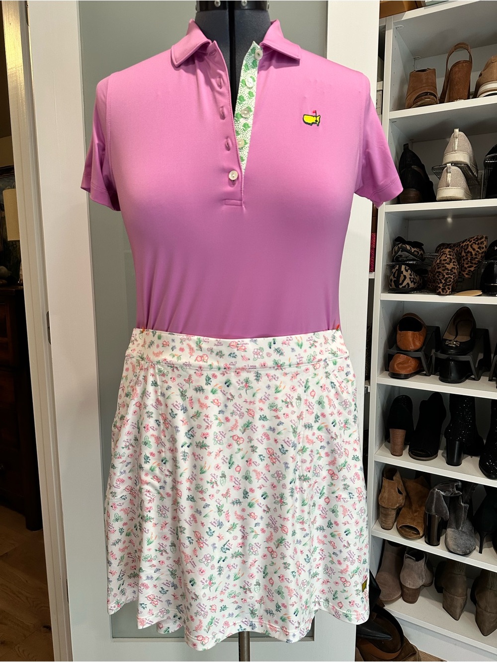The Masters Magnolia Lane Golf Outfit Pink Polo and White Floral Mini Skirt Set
